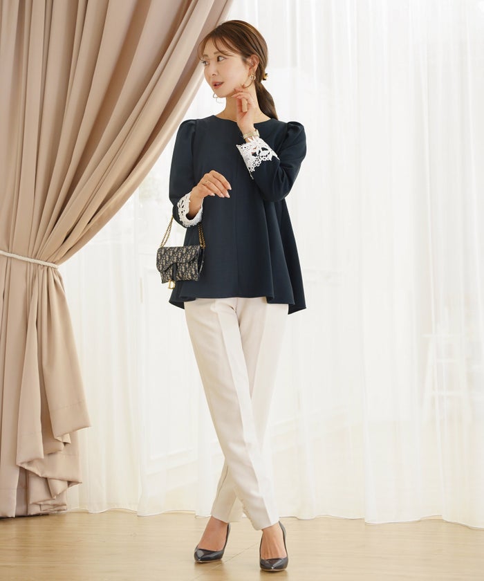 レディース トップス カットソー シンプル 無地 カジュアル 伸縮 リブ 春 秋 インナー オフィスカジュアル 通勤 カジュアル 上品 エレガント フェミニン パワショル 長袖 8分袖 レース 綺麗め オケージョン 授業参観 袖レース フロントファスナー 前あき 授乳 ママ フレア 