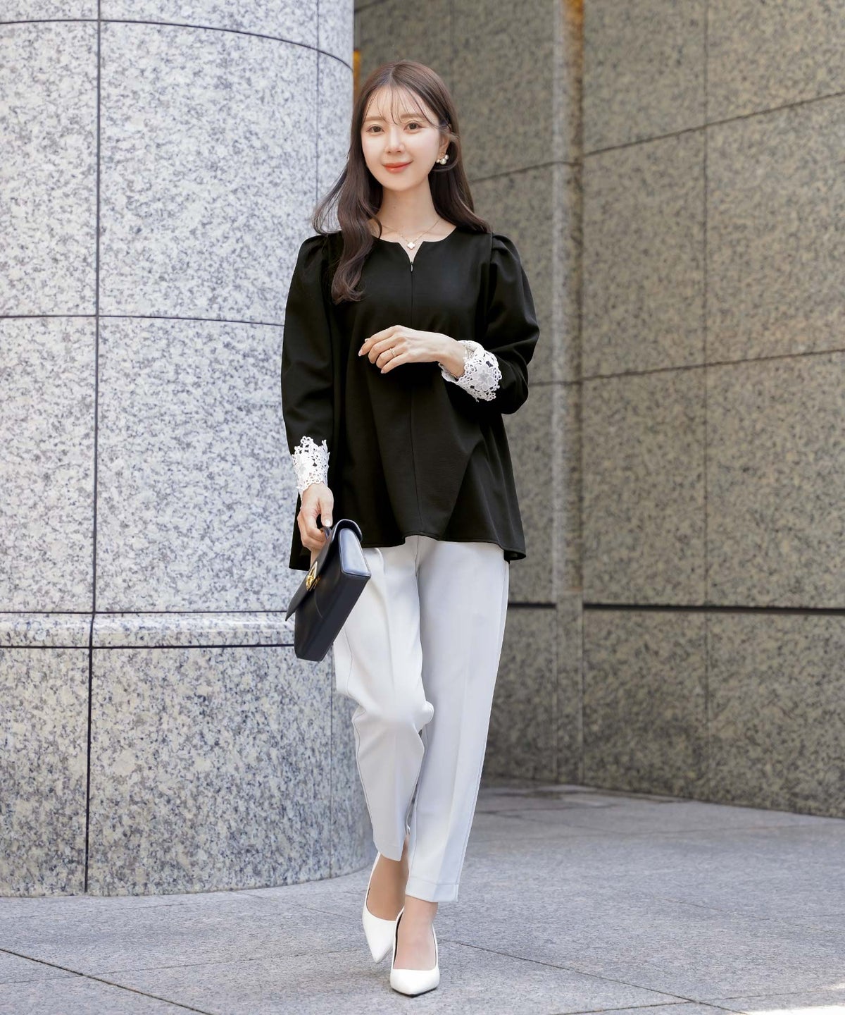 レディース/トップス/カットソー/シンプル/無地/カジュアル/伸縮/リブ/春/夏/秋/インナー/オフィスカジュアル/通勤/カジュアル/エレガント/フェミニン/パワショル/長袖/8分袖/レース/綺麗め/オケージョン/授業参観/袖レース/フロントファスナー/前あき/授乳/ママ/フレア