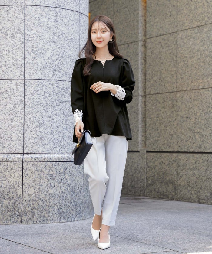 レディース トップス カットソー シンプル 無地 カジュアル 伸縮 リブ 春 秋 インナー オフィスカジュアル 通勤 カジュアル 上品 エレガント フェミニン パワショル 長袖 8分袖 レース 綺麗め オケージョン 授業参観 袖レース フロントファスナー 前あき 授乳 ママ フレア 