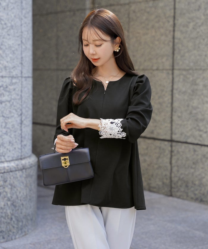 レディース トップス カットソー シンプル 無地 カジュアル 伸縮 リブ 春 秋 インナー オフィスカジュアル 通勤 カジュアル 上品 エレガント フェミニン パワショル 長袖 8分袖 レース 綺麗め オケージョン 授業参観 袖レース フロントファスナー 前あき 授乳 ママ フレア 