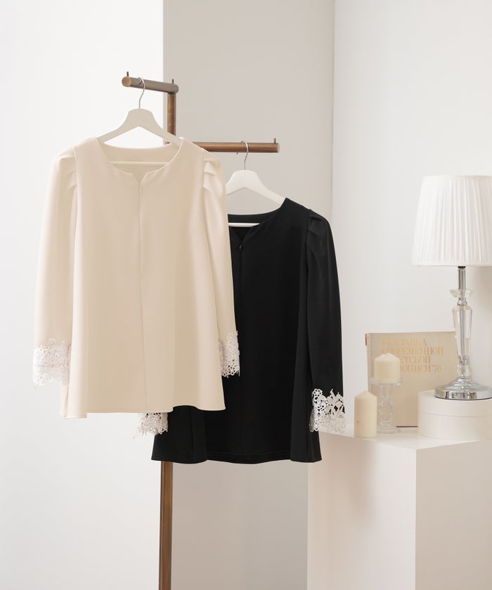 レディース トップス カットソー シンプル 無地 カジュアル 伸縮 リブ 春 秋 インナー オフィスカジュアル 通勤 カジュアル 上品 エレガント フェミニン パワショル 長袖 8分袖 レース 綺麗め オケージョン 授業参観 袖レース フロントファスナー 前あき 授乳 ママ フレア 