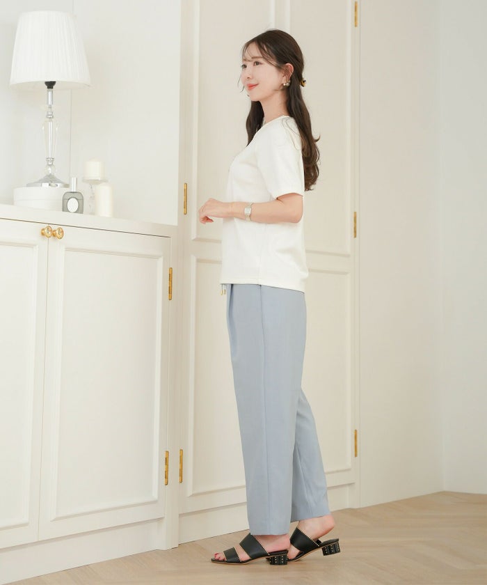 レディース/セレクト/パンツ/ボトムス/テーパードパンツ/スティックパンツ/ドロスト/ドローストリング/絞る/ポケット/細身/センタープレス/オールシーズン/春/夏/ライトグレー/サックス/ネイビー/オフィスカジュアル/きれいめ/上品/シンプル