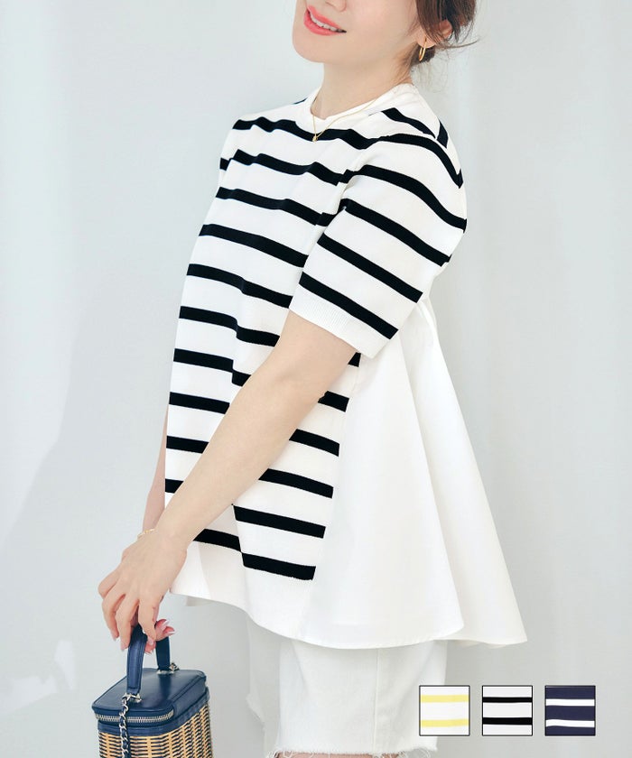 手洗い可 体型カバー オフィス ラウンドネック 異素材 おしゃれ フェミニン 上品 大人可愛い きれいめ シンプル カジュアル 半袖 ジョイントスペース 布帛フレア ドッキング ボーダー ニット Liala×PG