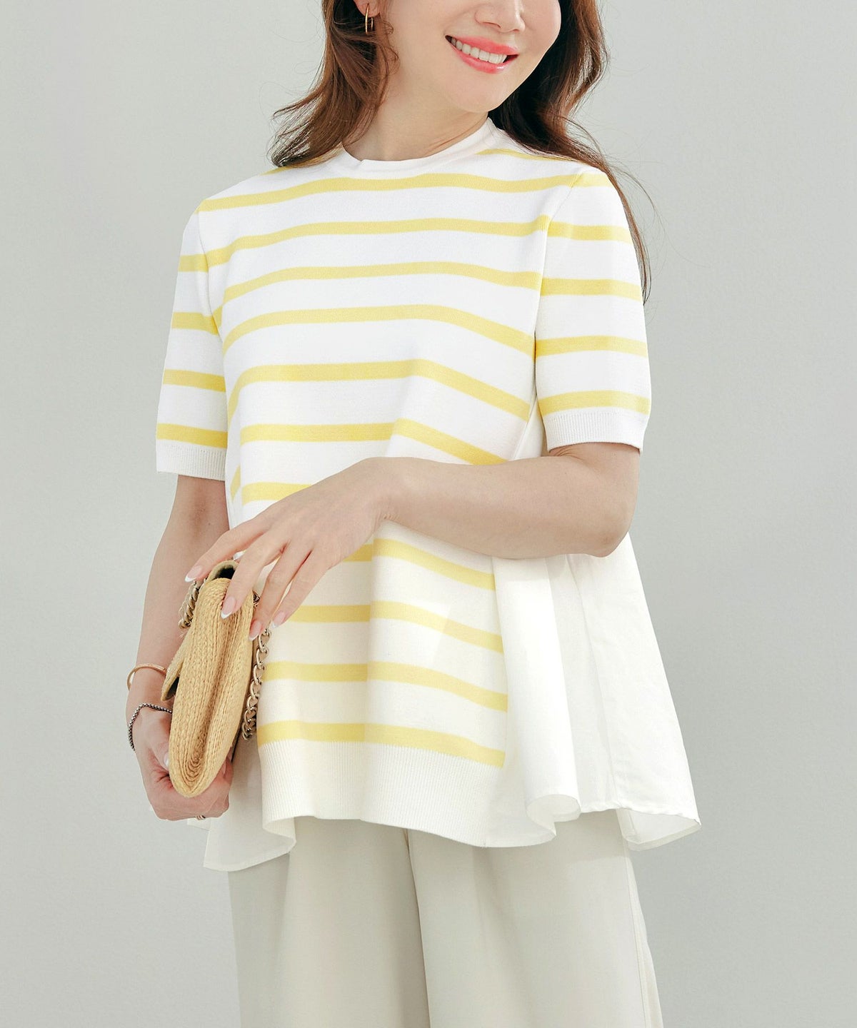 手洗い可体型カバーオフィスラウンドネック異素材おしゃれフェミニン上品大人可愛いきれいめシンプルカジュアル半袖ジョイントスペース