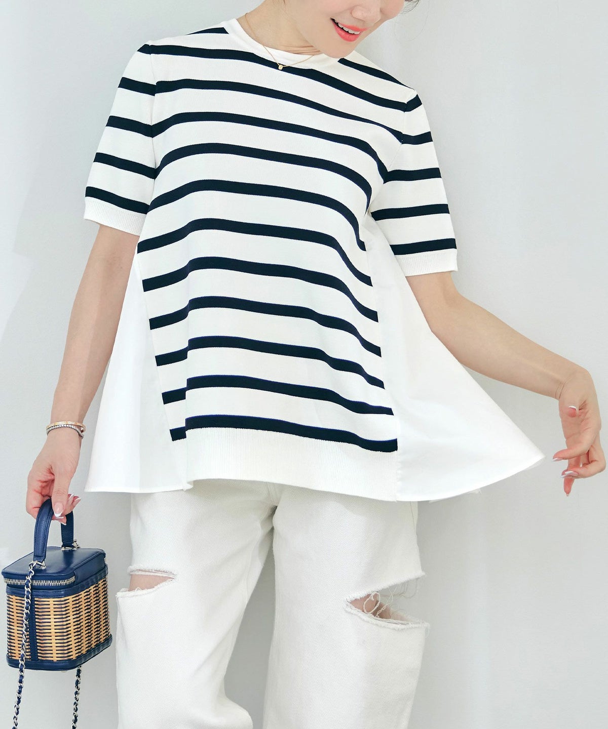 手洗い可体型カバーオフィスラウンドネック異素材おしゃれフェミニン上品大人可愛いきれいめシンプルカジュアル半袖ジョイントスペース