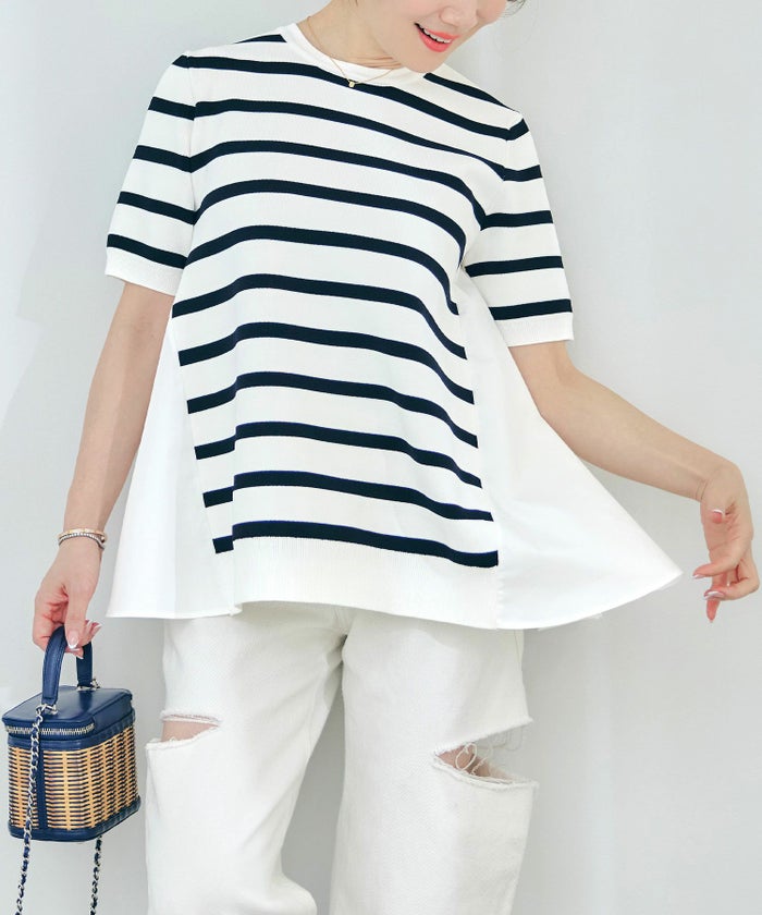 手洗い可体型カバーオフィスラウンドネック異素材おしゃれフェミニン上品大人可愛いきれいめシンプルカジュアル半袖ジョイントスペース