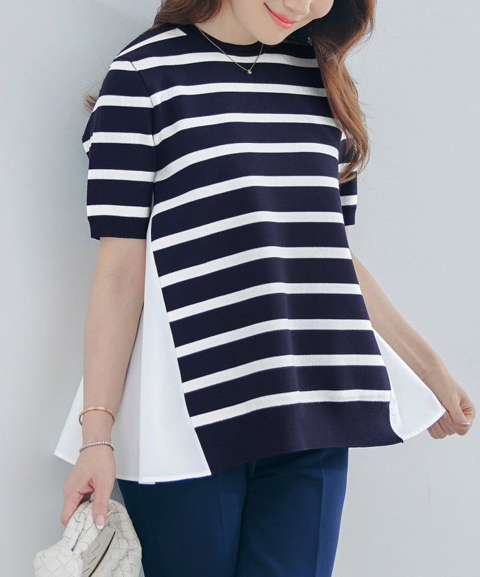 手洗い可体型カバーオフィスラウンドネック異素材おしゃれフェミニン上品大人可愛いきれいめシンプルカジュアル半袖ジョイントスペース