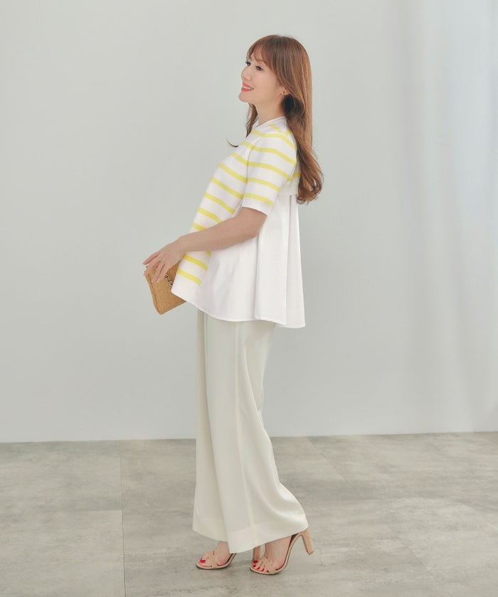 手洗い可体型カバーオフィスラウンドネック異素材おしゃれフェミニン上品大人可愛いきれいめシンプルカジュアル半袖ジョイントスペース