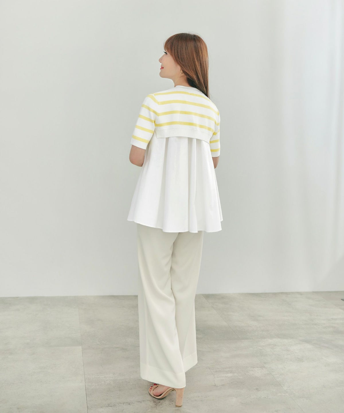 手洗い可体型カバーオフィスラウンドネック異素材おしゃれフェミニン上品大人可愛いきれいめシンプルカジュアル半袖ジョイントスペース