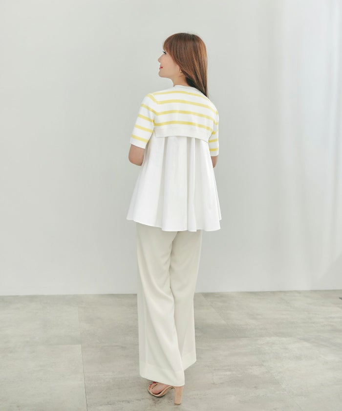 手洗い可体型カバーオフィスラウンドネック異素材おしゃれフェミニン上品大人可愛いきれいめシンプルカジュアル半袖ジョイントスペース