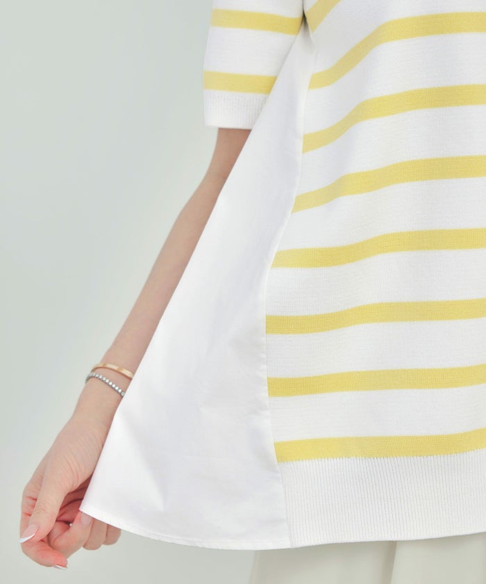 手洗い可体型カバーオフィスラウンドネック異素材おしゃれフェミニン上品大人可愛いきれいめシンプルカジュアル半袖ジョイントスペース