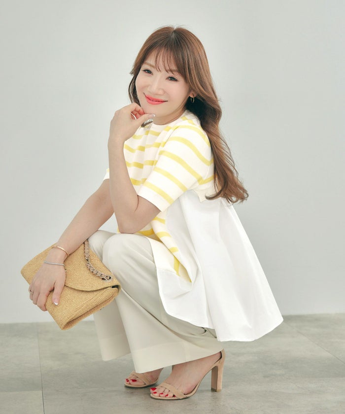 手洗い可体型カバーオフィスラウンドネック異素材おしゃれフェミニン上品大人可愛いきれいめシンプルカジュアル半袖ジョイントスペース