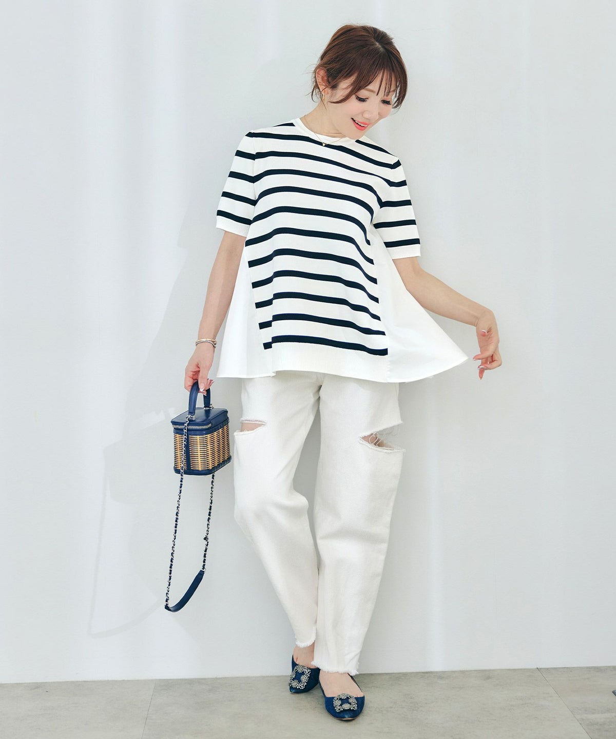 手洗い可体型カバーオフィスラウンドネック異素材おしゃれフェミニン上品大人可愛いきれいめシンプルカジュアル半袖ジョイントスペース