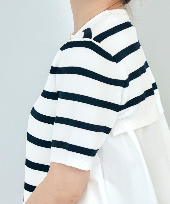 手洗い可体型カバーオフィスラウンドネック異素材おしゃれフェミニン上品大人可愛いきれいめシンプルカジュアル半袖ジョイントスペース