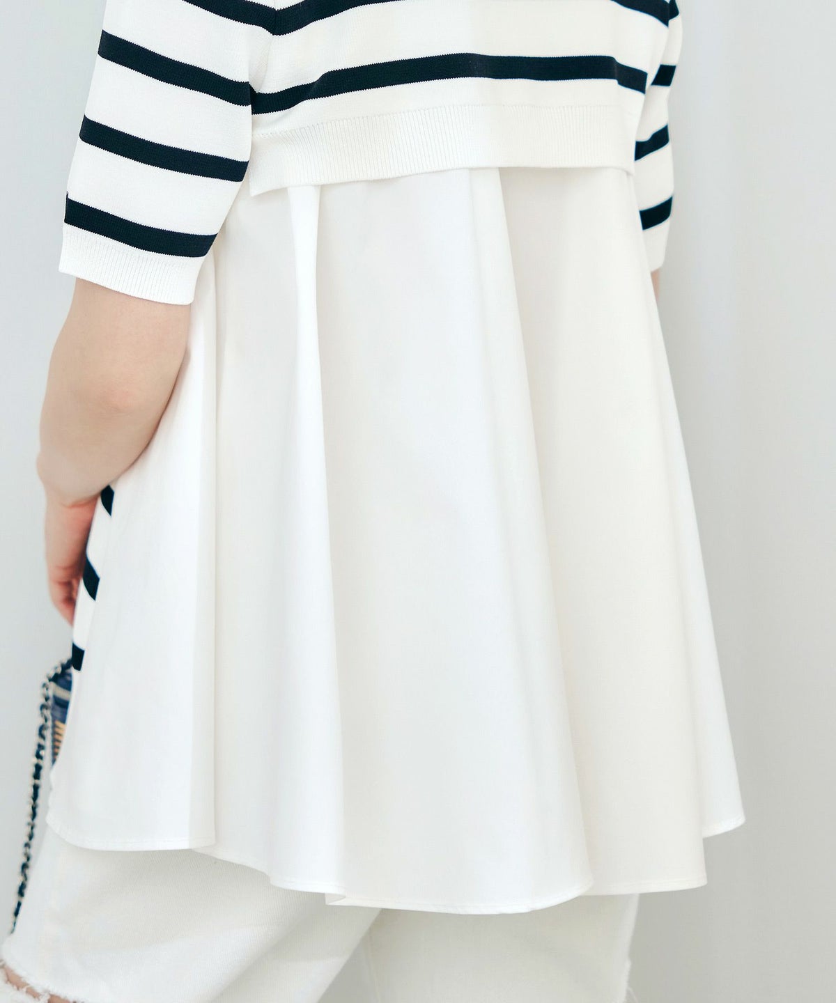 手洗い可体型カバーオフィスラウンドネック異素材おしゃれフェミニン上品大人可愛いきれいめシンプルカジュアル半袖ジョイントスペース