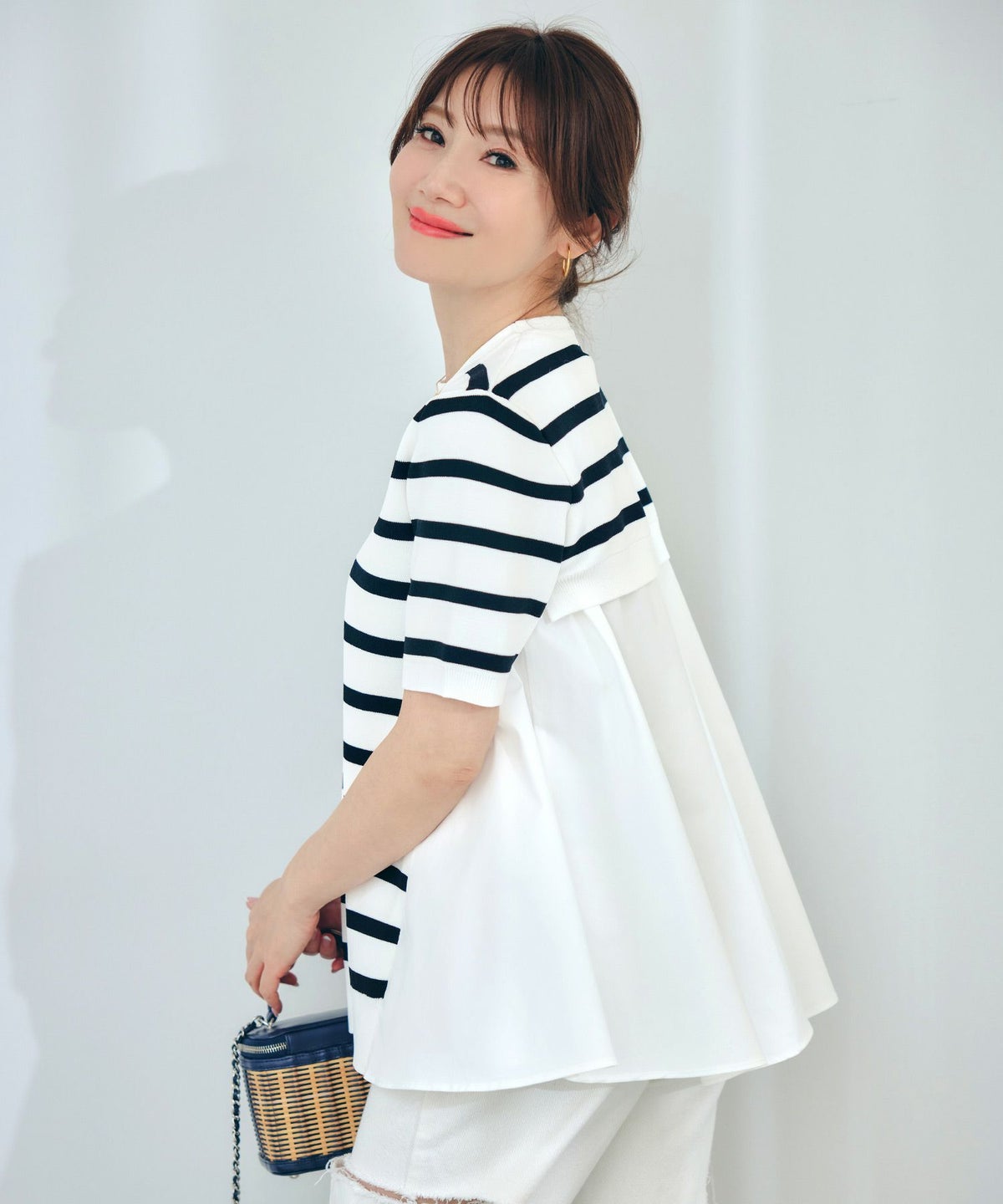 手洗い可体型カバーオフィスラウンドネック異素材おしゃれフェミニン上品大人可愛いきれいめシンプルカジュアル半袖ジョイントスペース