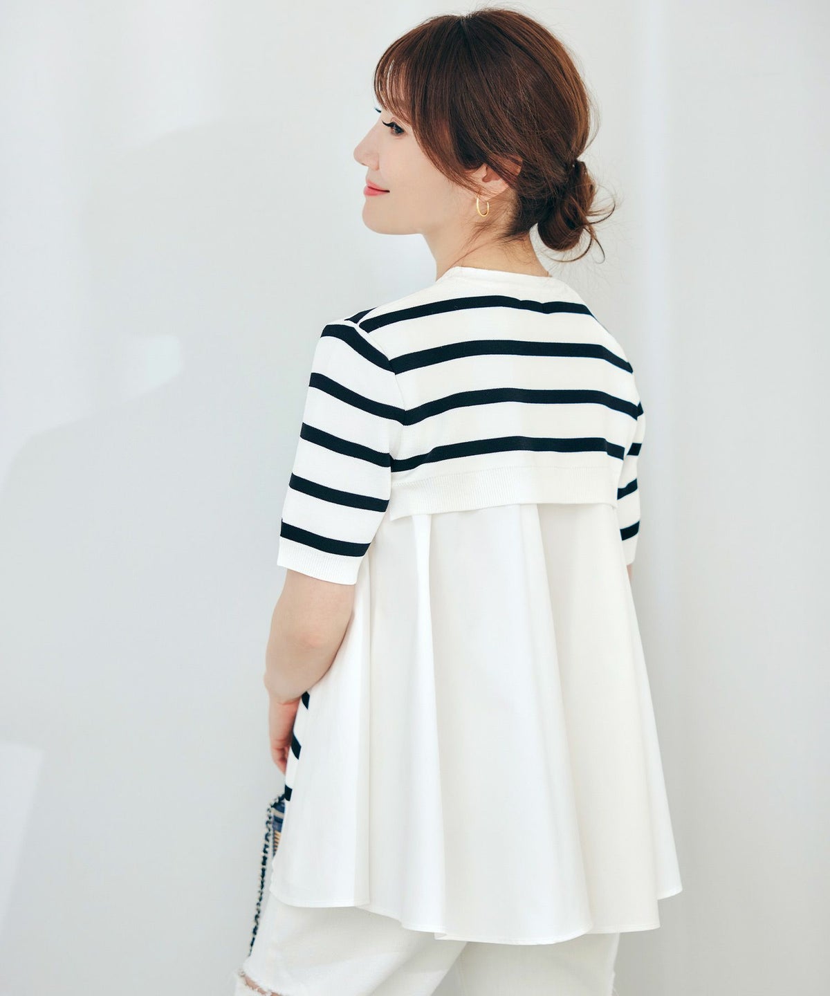 手洗い可体型カバーオフィスラウンドネック異素材おしゃれフェミニン上品大人可愛いきれいめシンプルカジュアル半袖ジョイントスペース