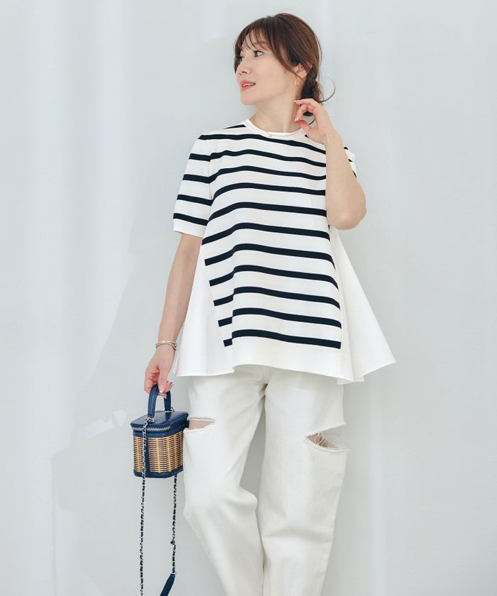 手洗い可体型カバーオフィスラウンドネック異素材おしゃれフェミニン上品大人可愛いきれいめシンプルカジュアル半袖ジョイントスペース