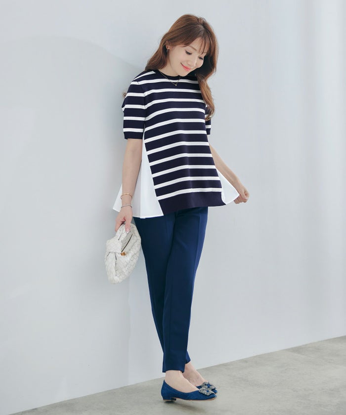 手洗い可体型カバーオフィスラウンドネック異素材おしゃれフェミニン上品大人可愛いきれいめシンプルカジュアル半袖ジョイントスペース