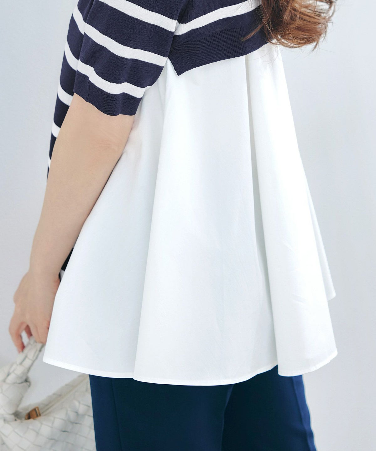 手洗い可体型カバーオフィスラウンドネック異素材おしゃれフェミニン上品大人可愛いきれいめシンプルカジュアル半袖ジョイントスペース