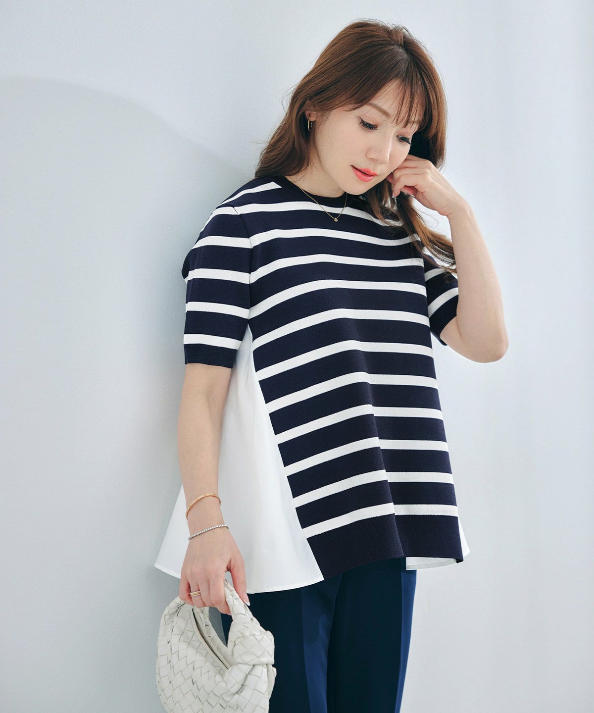 手洗い可体型カバーオフィスラウンドネック異素材おしゃれフェミニン上品大人可愛いきれいめシンプルカジュアル半袖ジョイントスペース