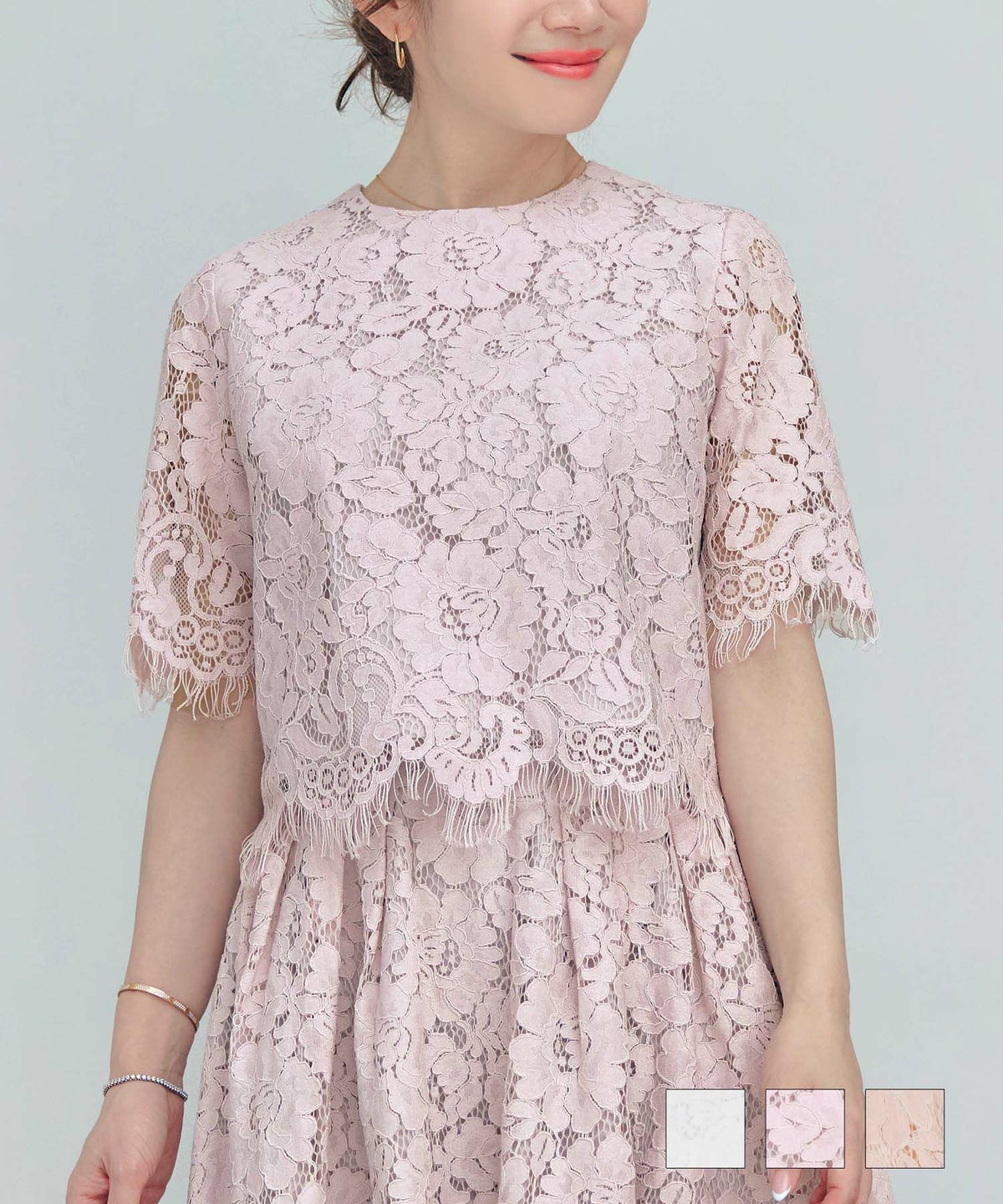 セットアップ対応可 上品 きれいめ エレガント スカラップ セレモニー フォーマル シアー 春 透け感 フェミニン ジョイントスペース スカラップ レース ショート丈 ブラウス Liala×PG