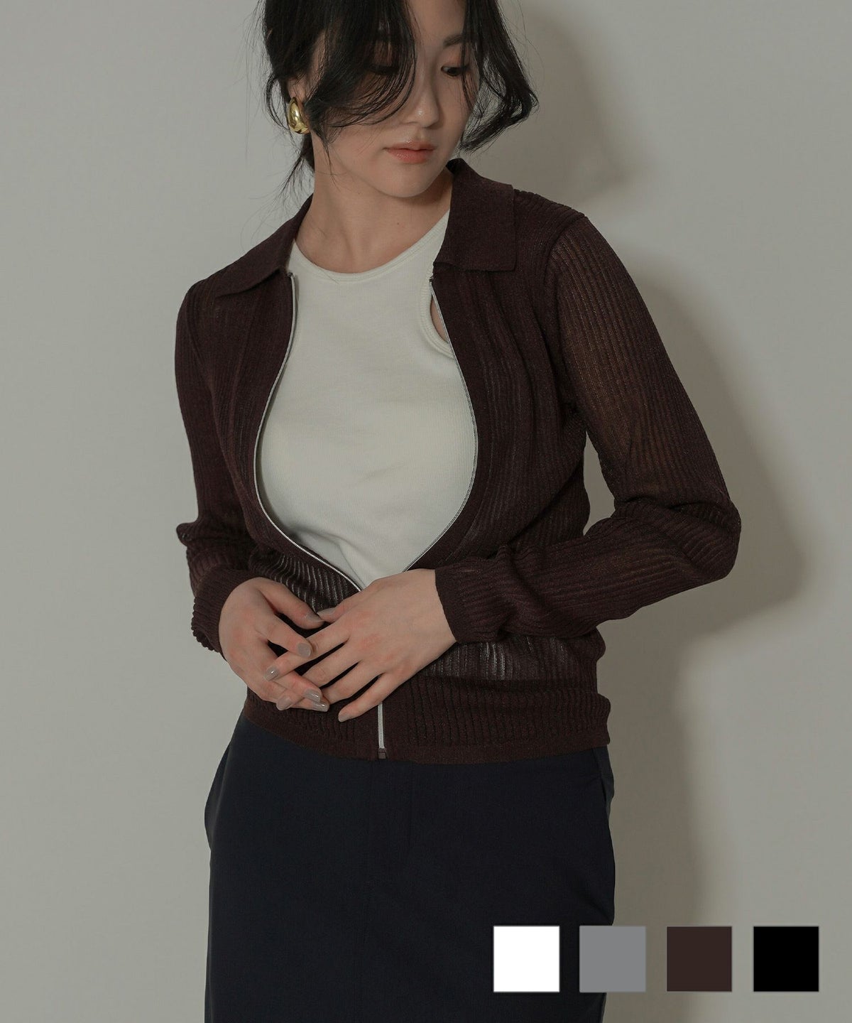 シアー ニット ジップ カーデ KINO THE KEI 全4色｜ktk421-0052【1】 シアー ニット ジップ カーディガン KINO THE KEI