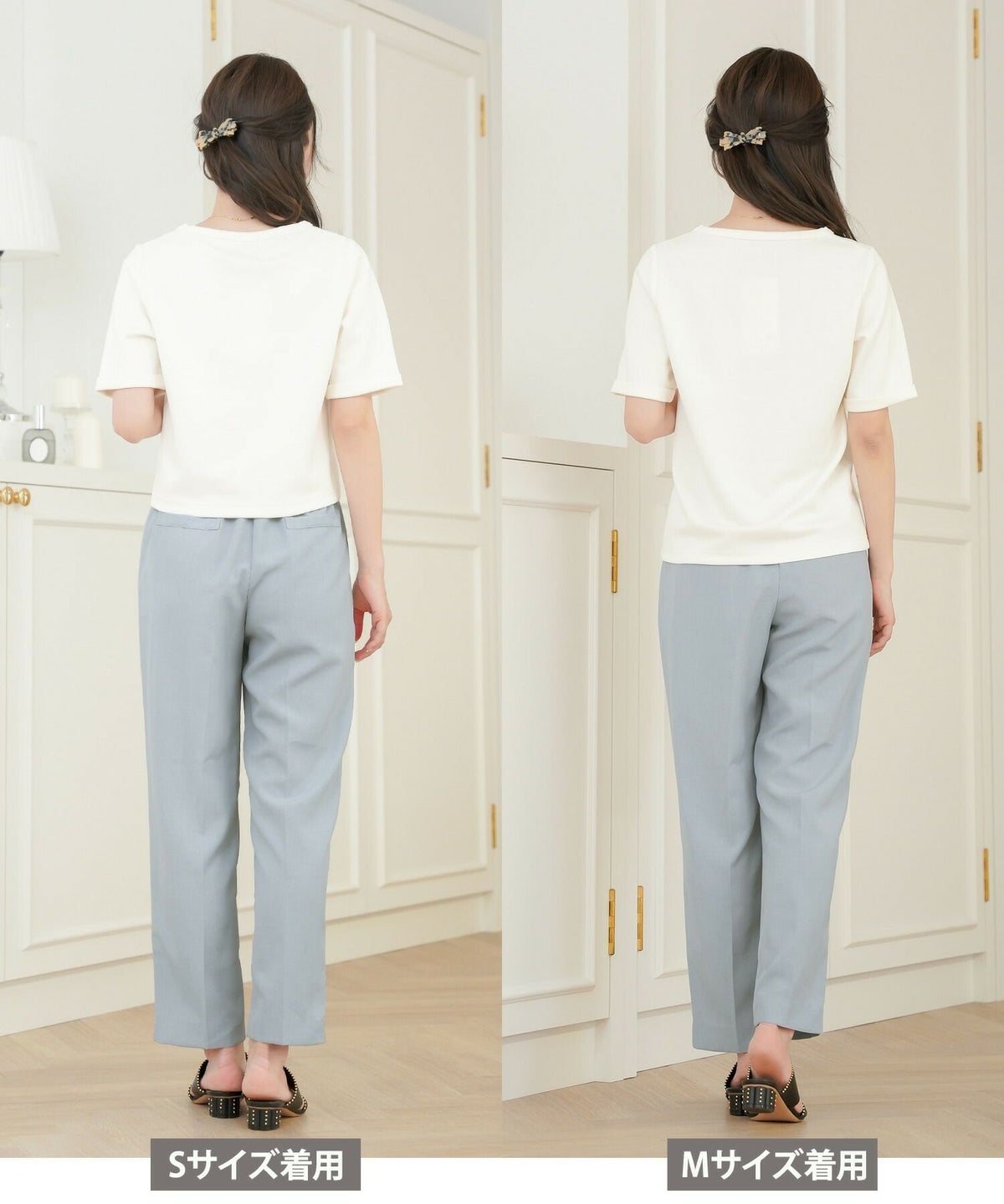 レディース/Tシャツ/トップス/夏/春/半袖/クロップド丈/ショート丈/コンパクト丈/ミディアム/普通/S/M/サイズ展開/丈違い/短め/クルーネック/キラキラ/ホットフィックス/ロゴ/トレンド/カジュアル/オフィスカジュアル/エレガント/フェミニン/上品/シンプル/