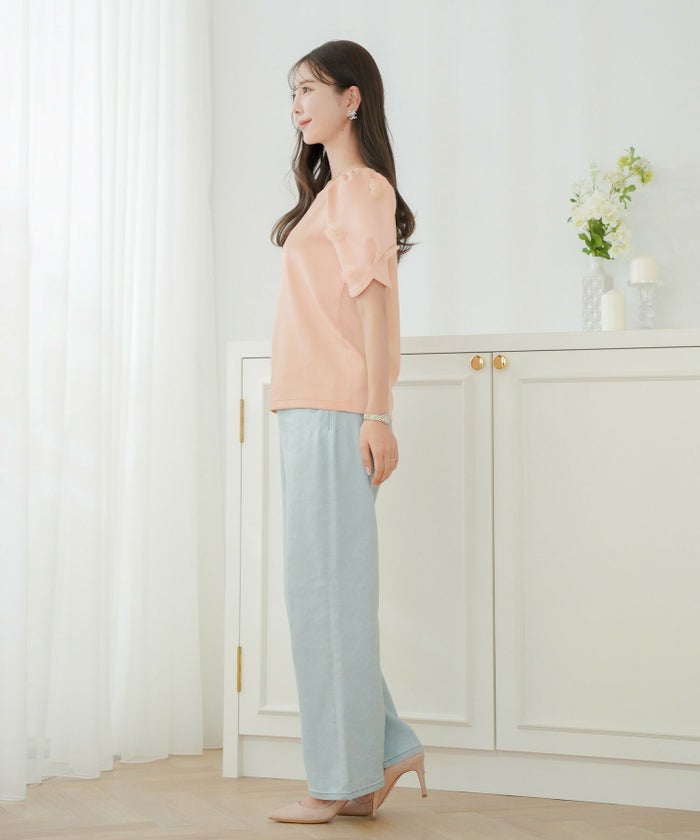 レディース/Tシャツ/トップス/夏/春/半袖/サイズ展開/ギャザー/タック/クルーネック/パフ袖/パフスリーブ/トレンド/カジュアル/オフィスカジュアル/エレガント/フェミニン/上品/シンプル/ピンク/ホワイト/ネイビー