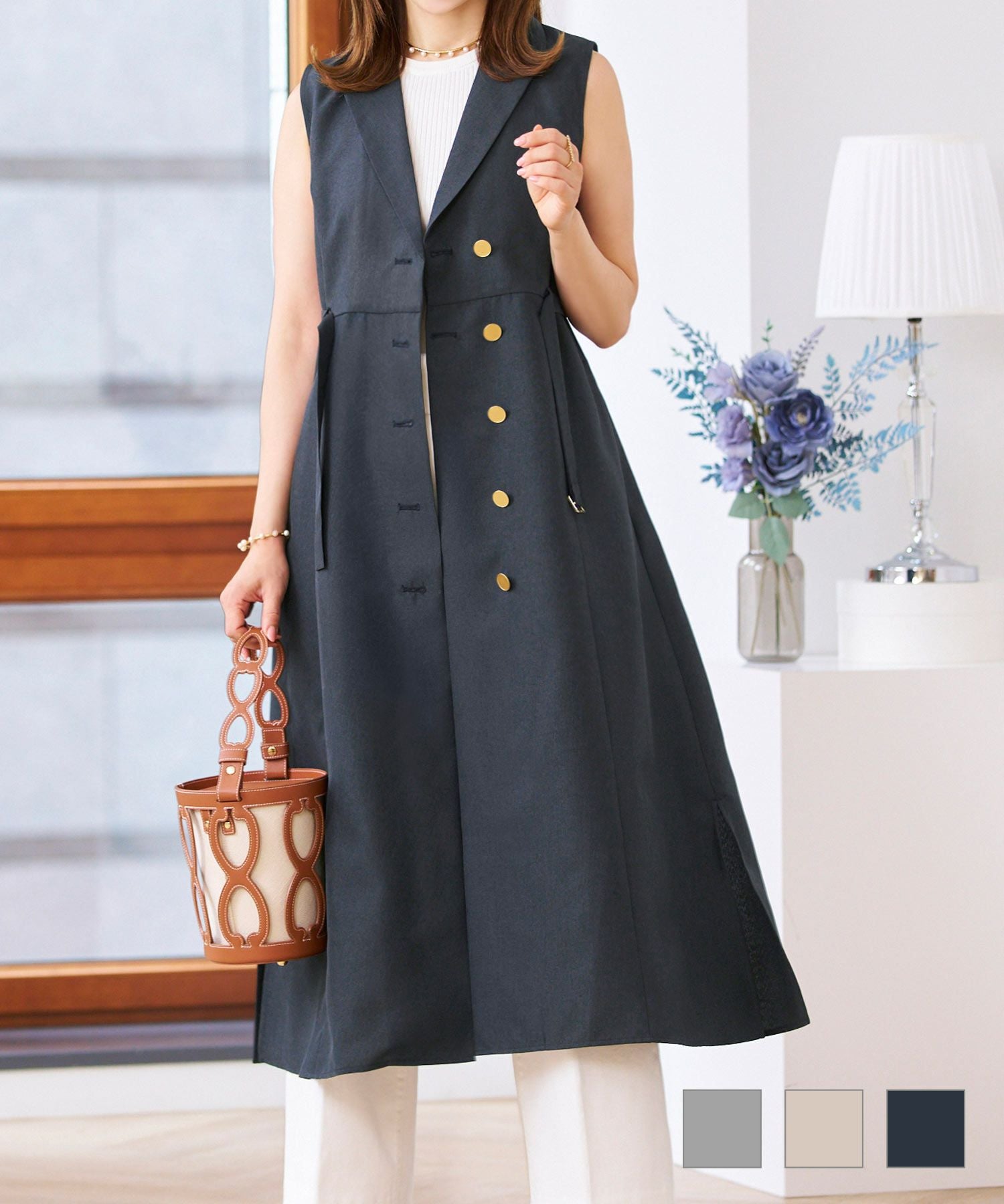 トレンチ風 ロング ワンピース & ジレ