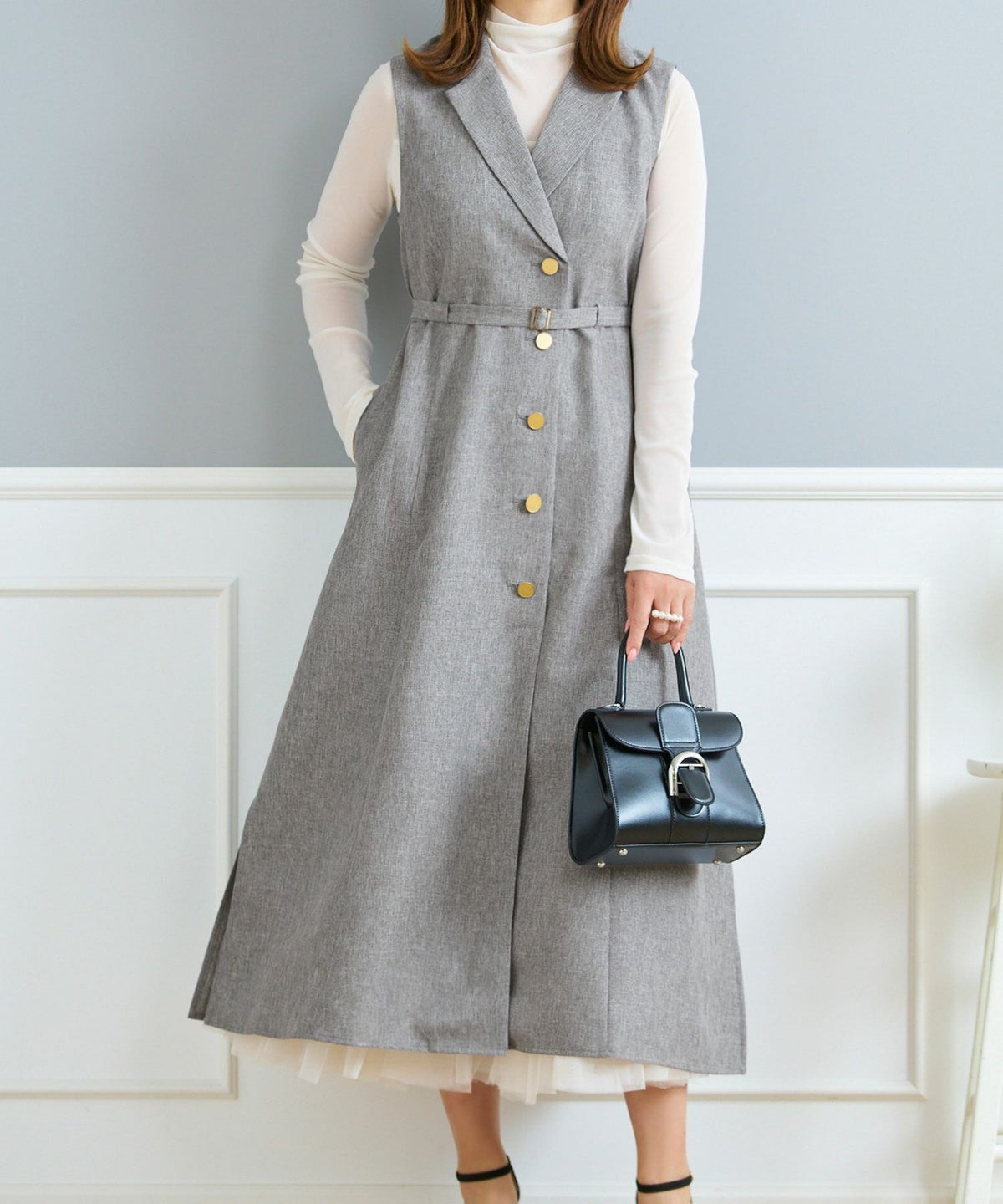 セレクトジレワンピースレディーストップステーラードきれいめオフィス春夏大人紺色ロングジョイントスペース