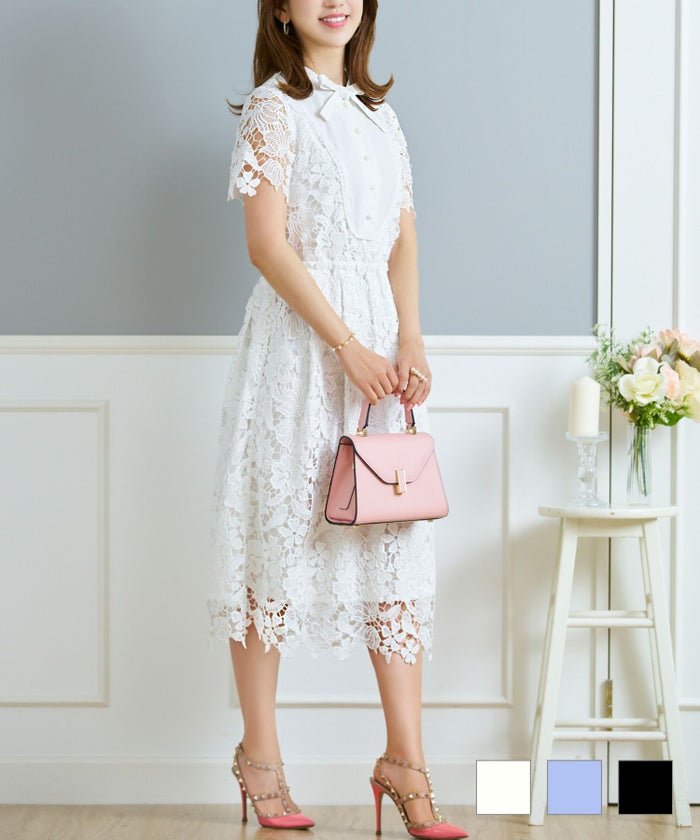 レースのワンピース レディース 白 黒 半袖 フォーマル 重ね着風 膝丈 ウエストゴム きれいめ 大人 春夏 ジョイントスペース ボウタイリボン 総レース ワンピース 半袖 Prima Scherrer