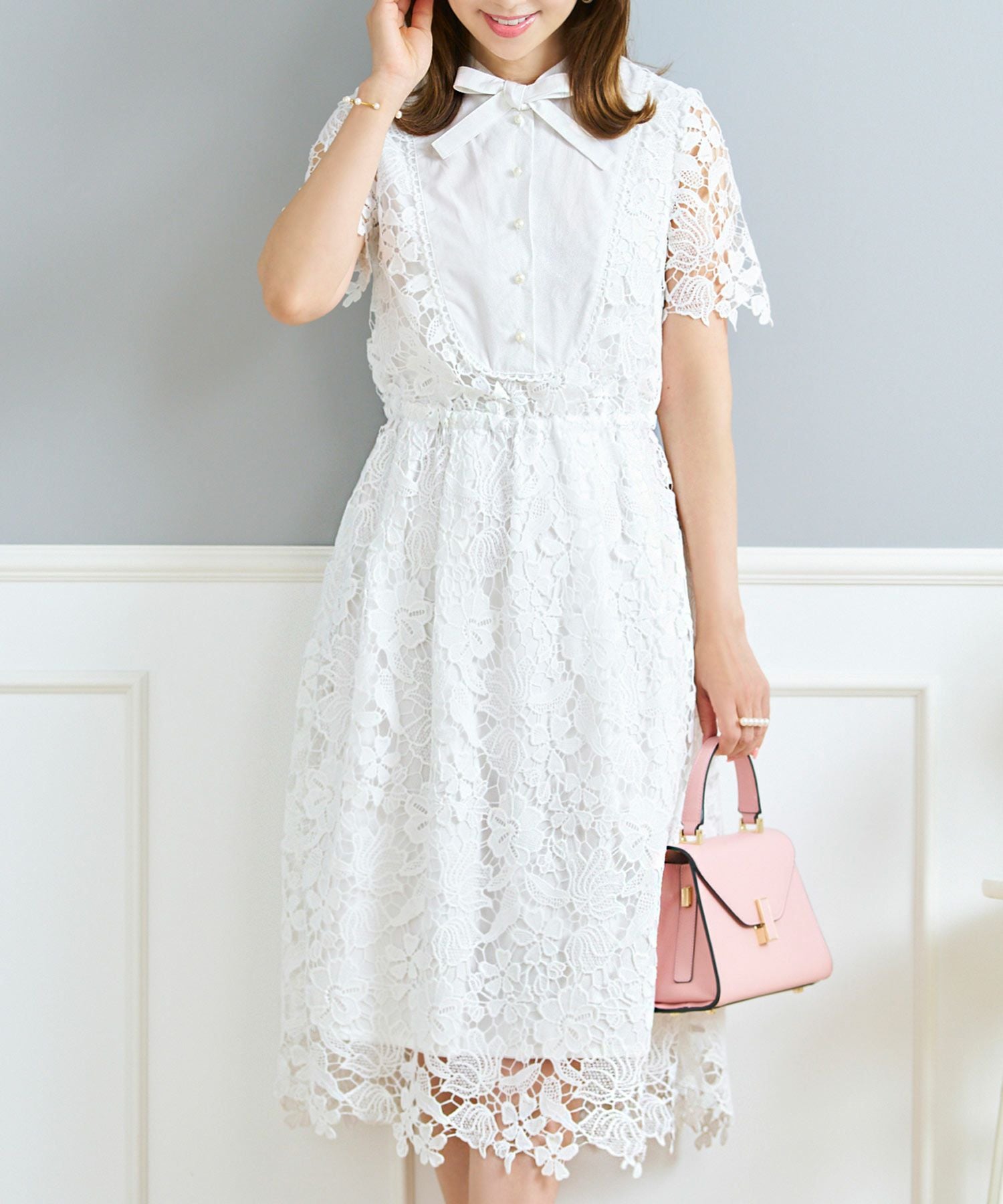 ボウタイリボン 総レース ワンピース 半袖 Prima Scherrer 全3色