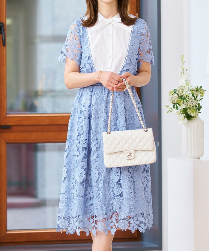 レースのワンピースレディース白黒半袖フォーマル重ね着風膝丈ウエストゴムきれいめ大人春夏ジョイントスペース