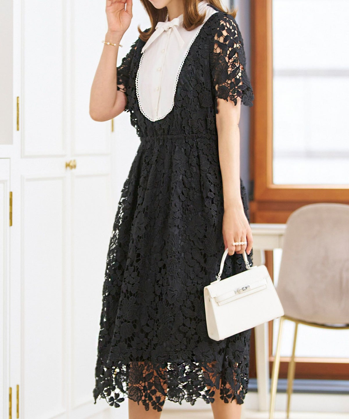 レースのワンピースレディース白黒半袖フォーマル重ね着風膝丈ウエストゴムきれいめ大人春夏ジョイントスペース