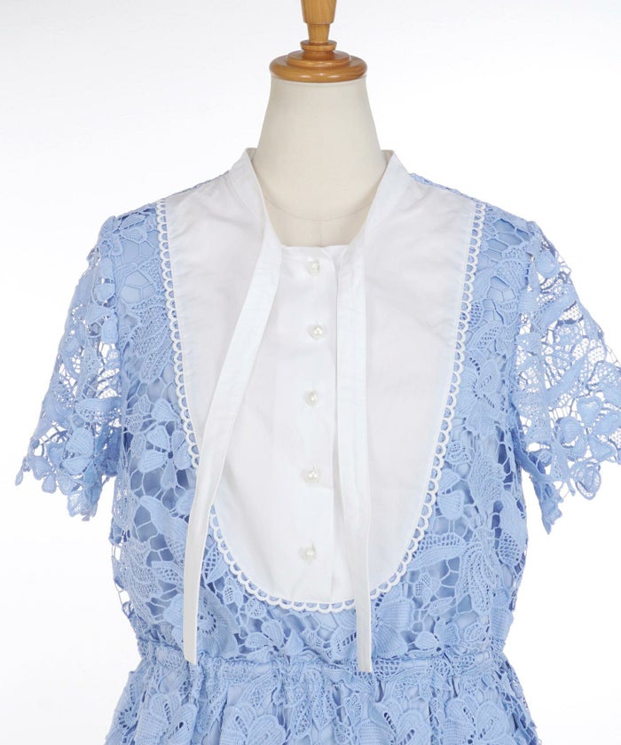 レースのワンピースレディース白黒半袖フォーマル重ね着風膝丈ウエストゴムきれいめ大人春夏ジョイントスペース