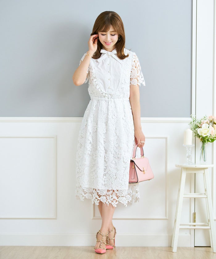 レースのワンピースレディース白黒半袖フォーマル重ね着風膝丈ウエストゴムきれいめ大人春夏ジョイントスペース