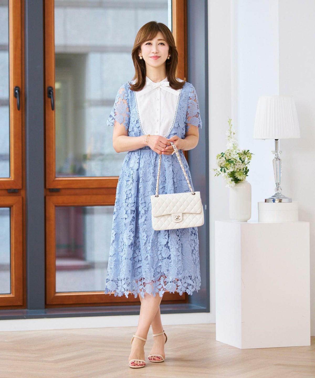 レースのワンピースレディース白黒半袖フォーマル重ね着風膝丈ウエストゴムきれいめ大人春夏ジョイントスペース