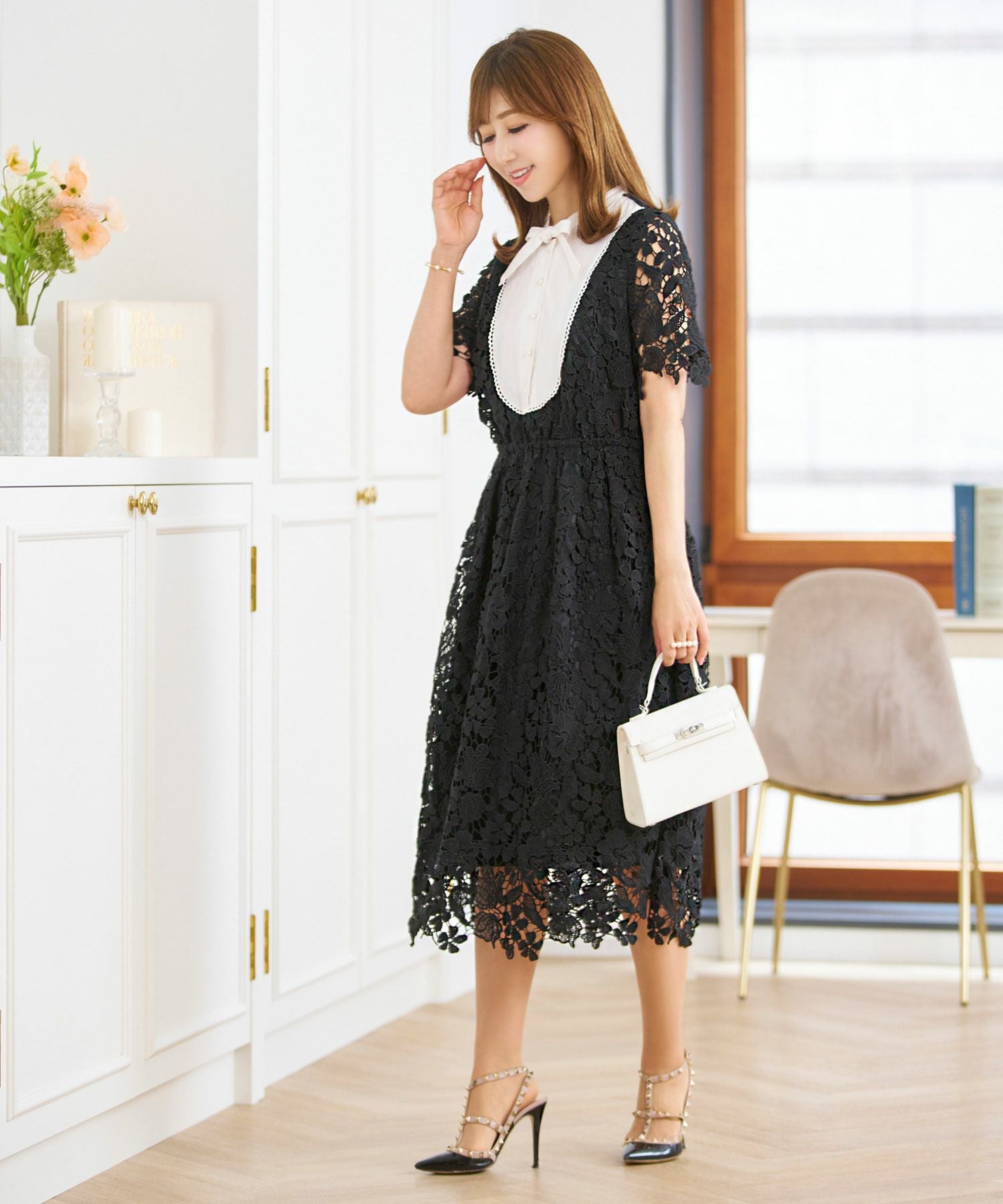 ボウタイリボン 総レース ワンピース 半袖 Prima Scherrer 全3色