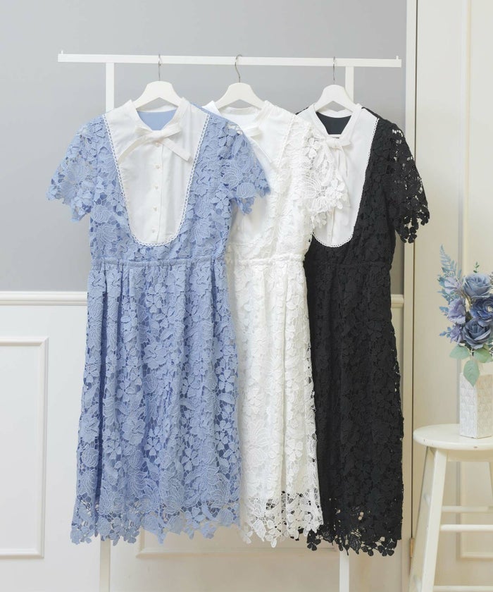 レースのワンピースレディース白黒半袖フォーマル重ね着風膝丈ウエストゴムきれいめ大人春夏ジョイントスペース