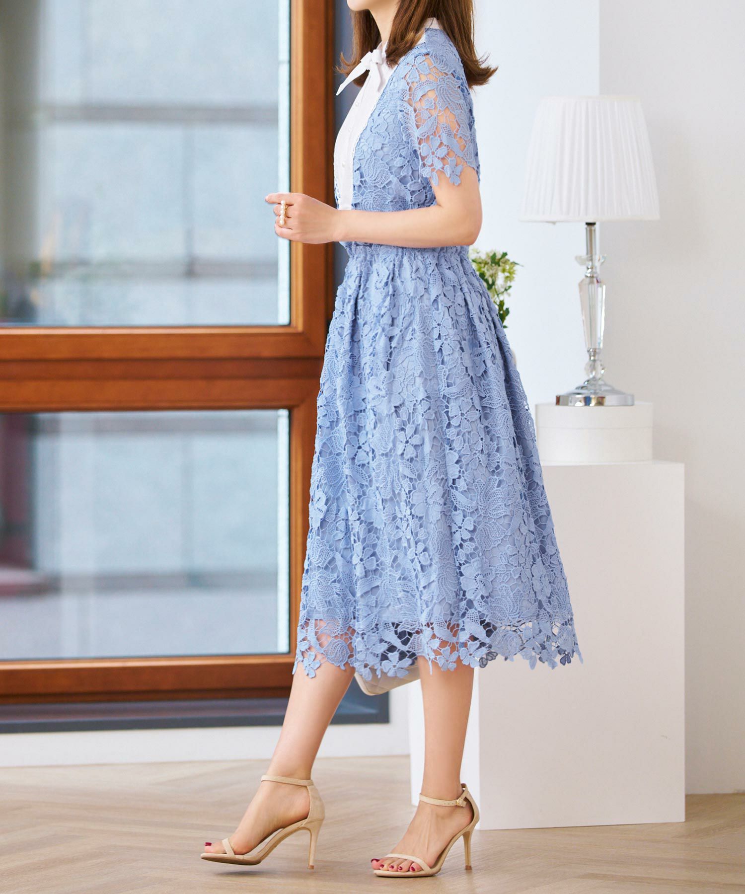 ボウタイリボン 総レース ワンピース 半袖 Prima Scherrer 全3色