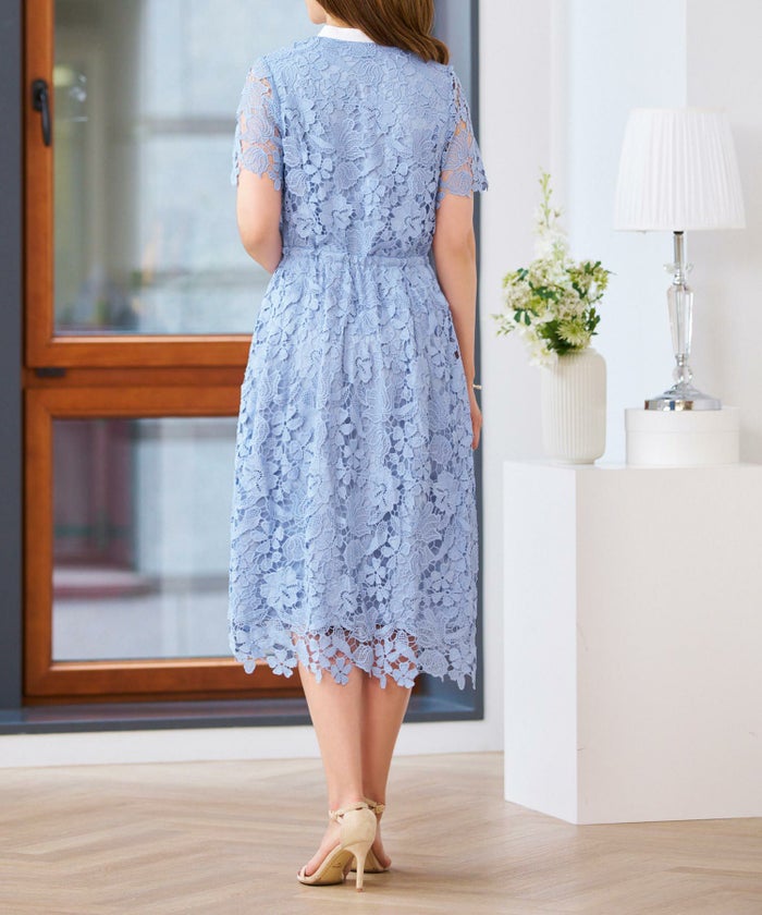 レースのワンピースレディース白黒半袖フォーマル重ね着風膝丈ウエストゴムきれいめ大人春夏ジョイントスペース