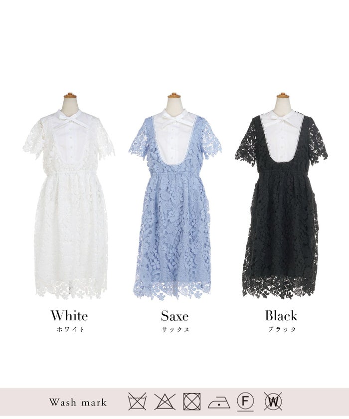 レースのワンピースレディース白黒半袖フォーマル重ね着風膝丈ウエストゴムきれいめ大人春夏ジョイントスペース