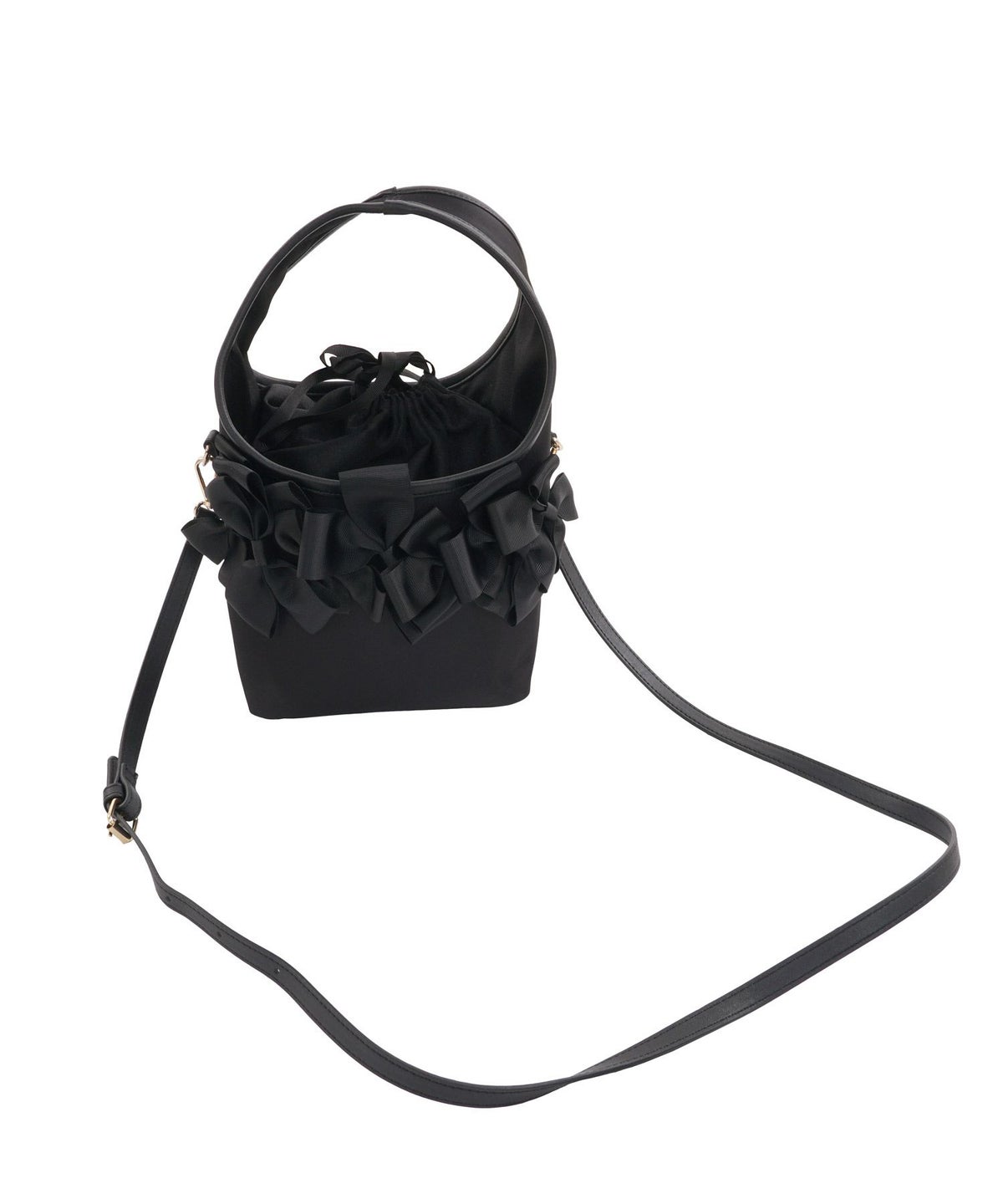 セレクト バッグ 鞄 リボン 巾着 ハンドバッグ ショルダーバッグ 紐取り外し 黒 ジョイントスペース