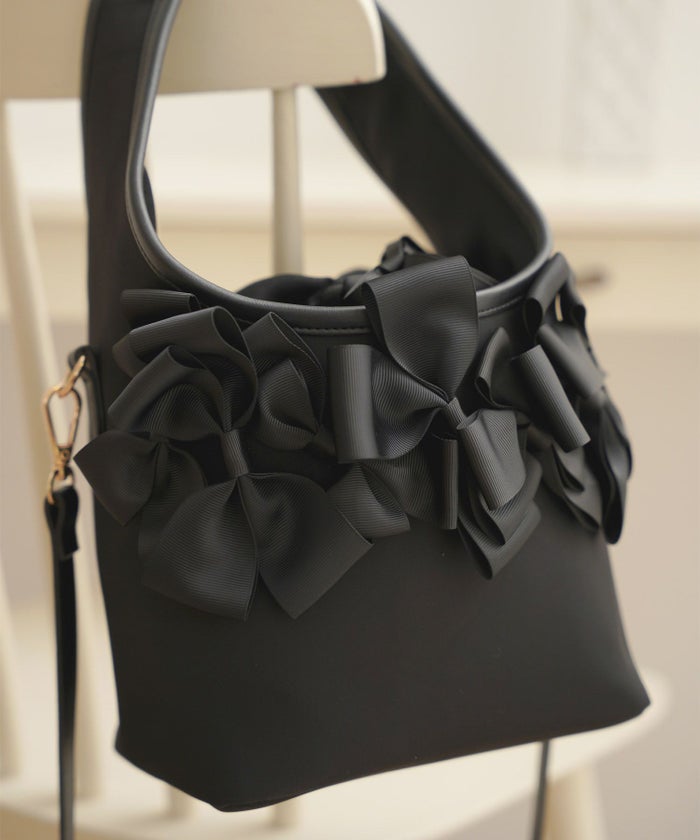 セレクト バッグ 鞄 リボン 巾着 ハンドバッグ ショルダーバッグ 紐取り外し 黒 ジョイントスペース