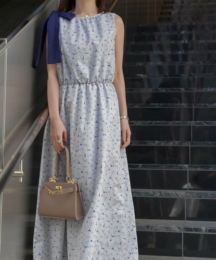 レディース/ワンピース/リゾート/ロングワンピース/リボンショルダー/ノースリーブ/シェル柄/花柄/S/M