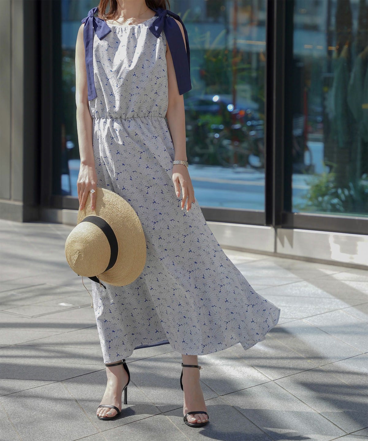 レディース/ワンピース/リゾート/ロングワンピース/リボンショルダー/ノースリーブ/シェル柄/花柄/S/M