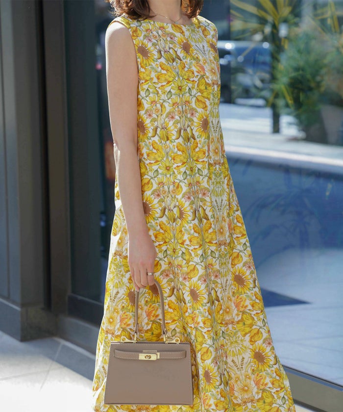 レディース ロングワンピース リゾート 花柄 リバティ柄 ノースリーブ/ミックス/イエロー/S/M