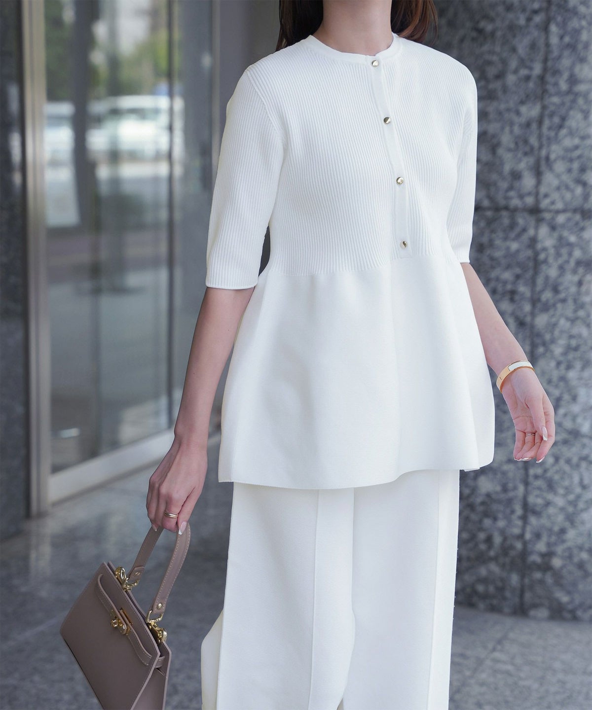 レディース 半袖 サマーニット セットアップ きれいめ 洗える ホワイト ネイビー ブラック M ペプラム 半袖