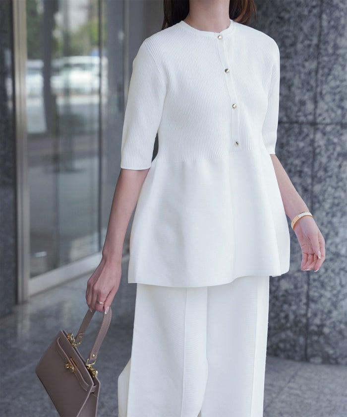 レディース 半袖 サマーニット セットアップ きれいめ 洗える ホワイト ネイビー ブラック M ペプラム 半袖